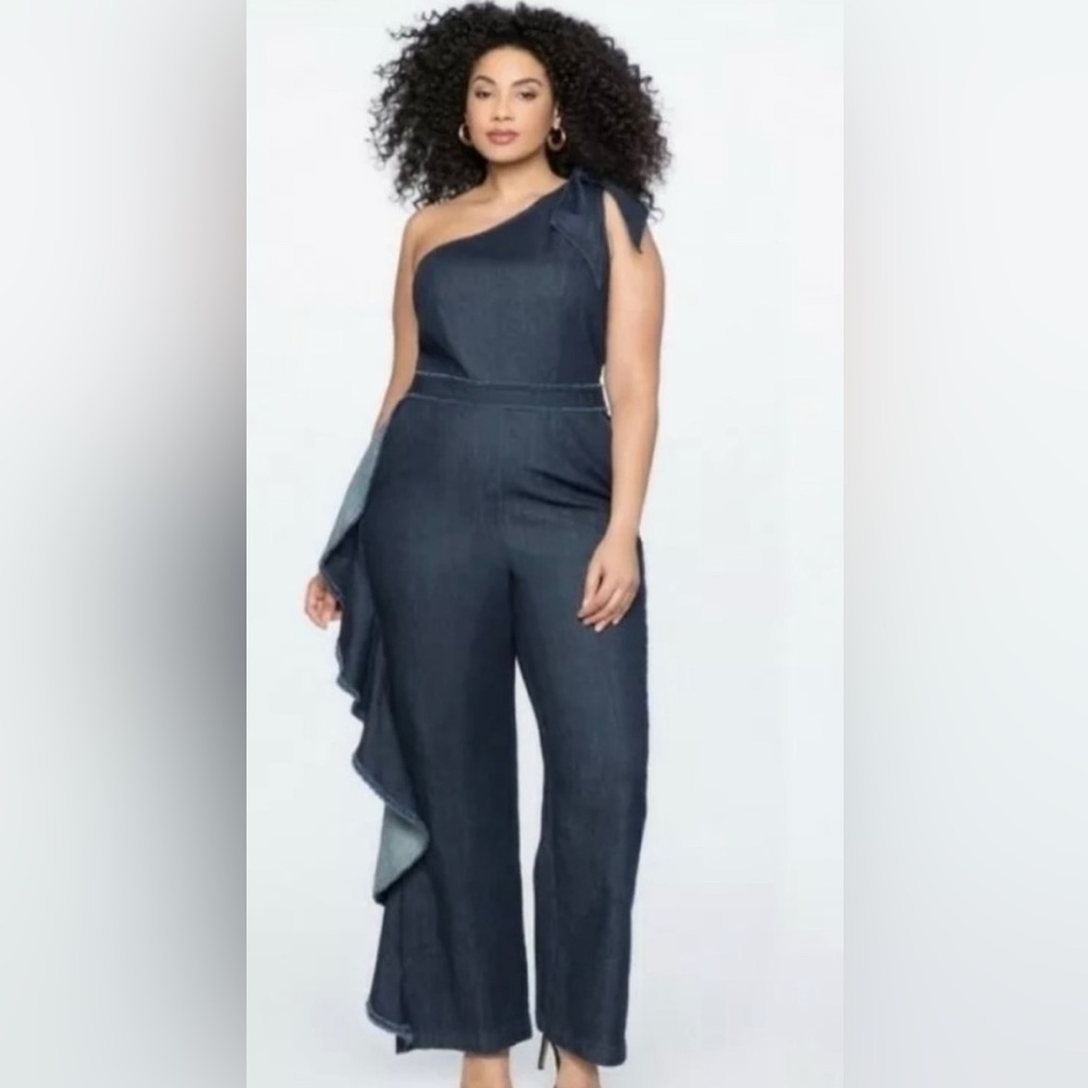 Eloquii One Shoulder Ruffle‎ Denim Jumpsuit in Blue Size 24